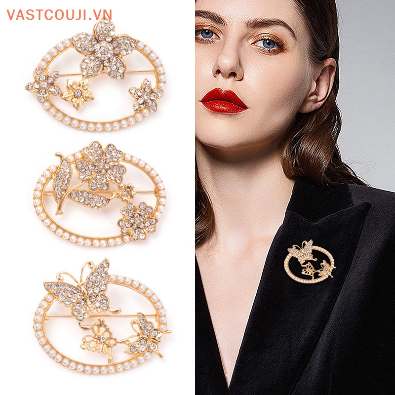 Ghim Cài Áo Hình Tròn Đính Đá Và Ngọc Trai Giả Thời Trang