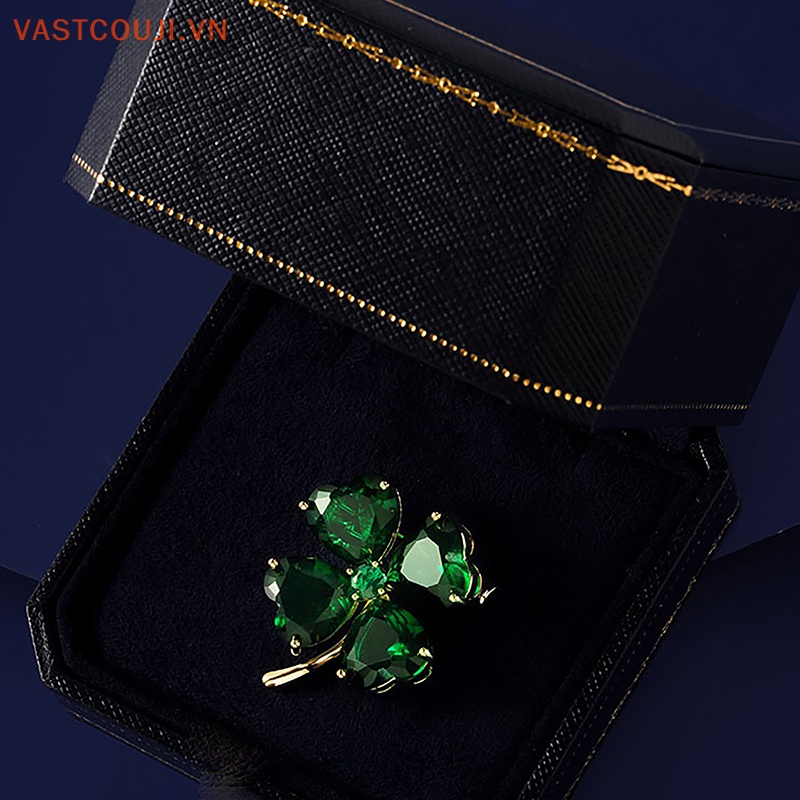 Ghim Cài Áo Hình Cỏ Bốn Lá May Mắn Đính Đá Zircon Sáng Bóng Kiểu Retro Chống Rơi Cho Nữ