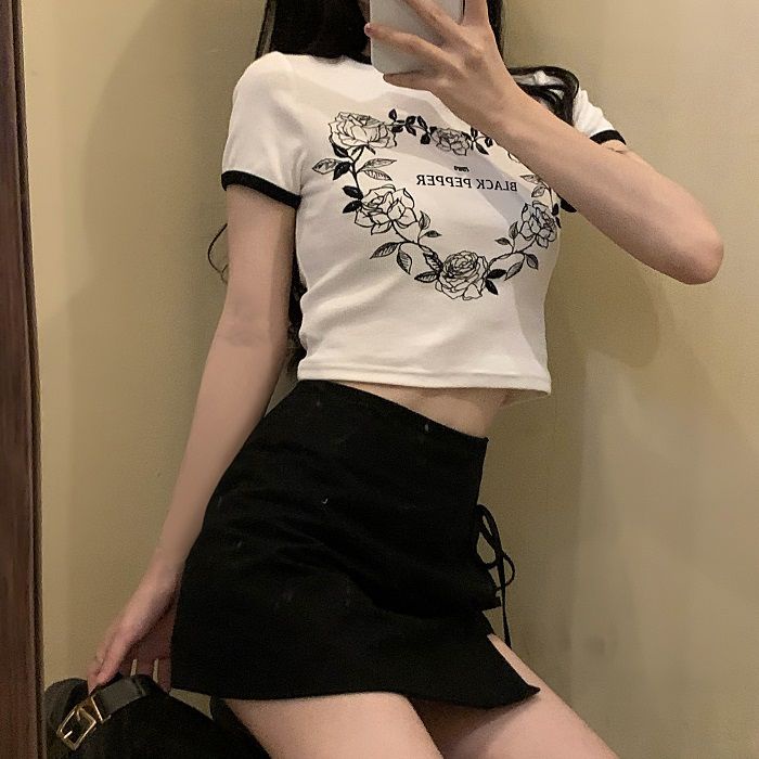 Áo Baby Tee Thun Croptop Nữ Eo Cao Tay Ngắn Màu Sắc Tương Phản Phong Cách Retro Mỹ Thời Trang Mùa Hè Dành Cho Nữ