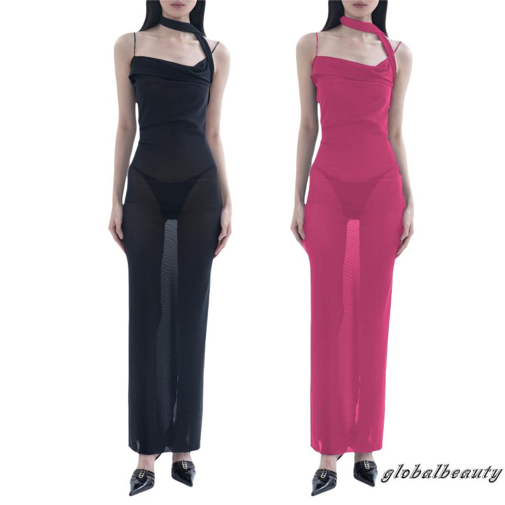 Đầm Hai Dây Dáng Ôm Dài Màu Trơn Nhìn Xuyên Thấu Gợi Cảm Cho Nữ