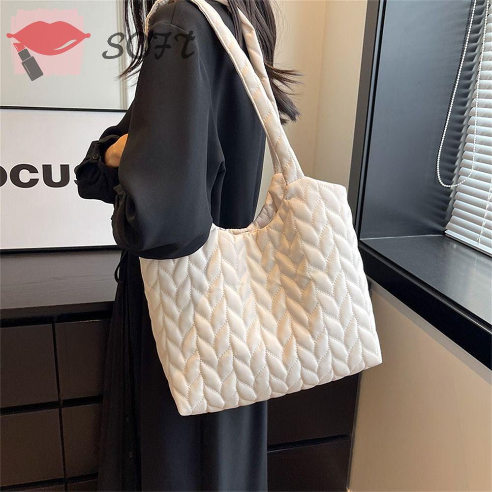 SOFTNESS Túi Tote Cotton Màu Trơn Sức Chứa Lớn Họa Tiết Thêu Thời Trang Mùa Đông