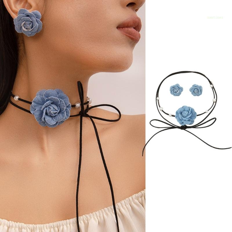 Bộ Trang Sức Vòng Cổ Choker Và Bông Tai Họa Tiết Hoa Vải Denim Lãng Mạn