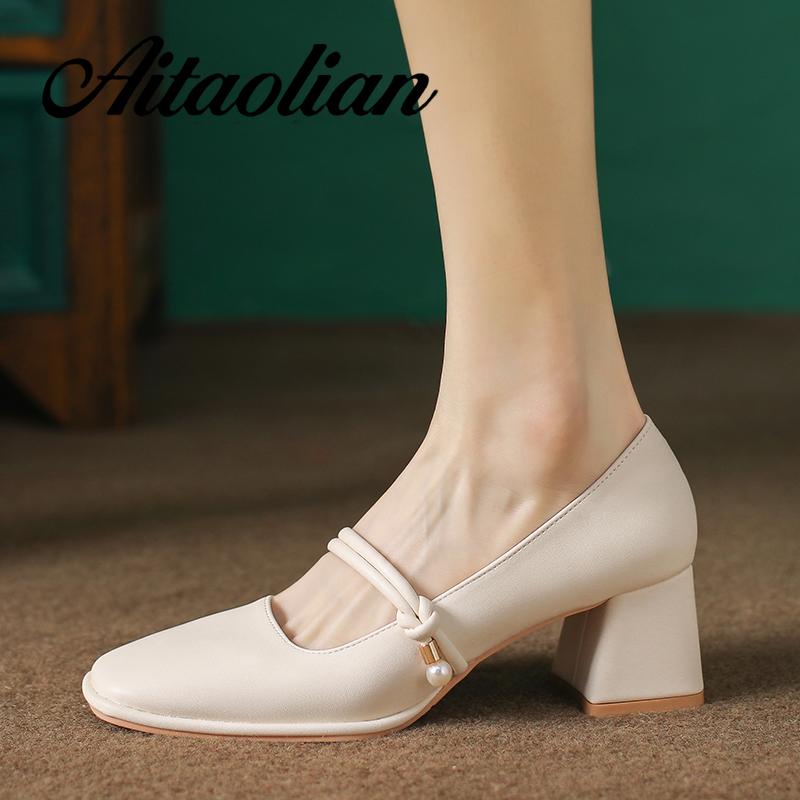 Giày Cao Gót 5cm Da Mềm Mũi Vuông Phong Cách Anh Quốc Cho Nữ