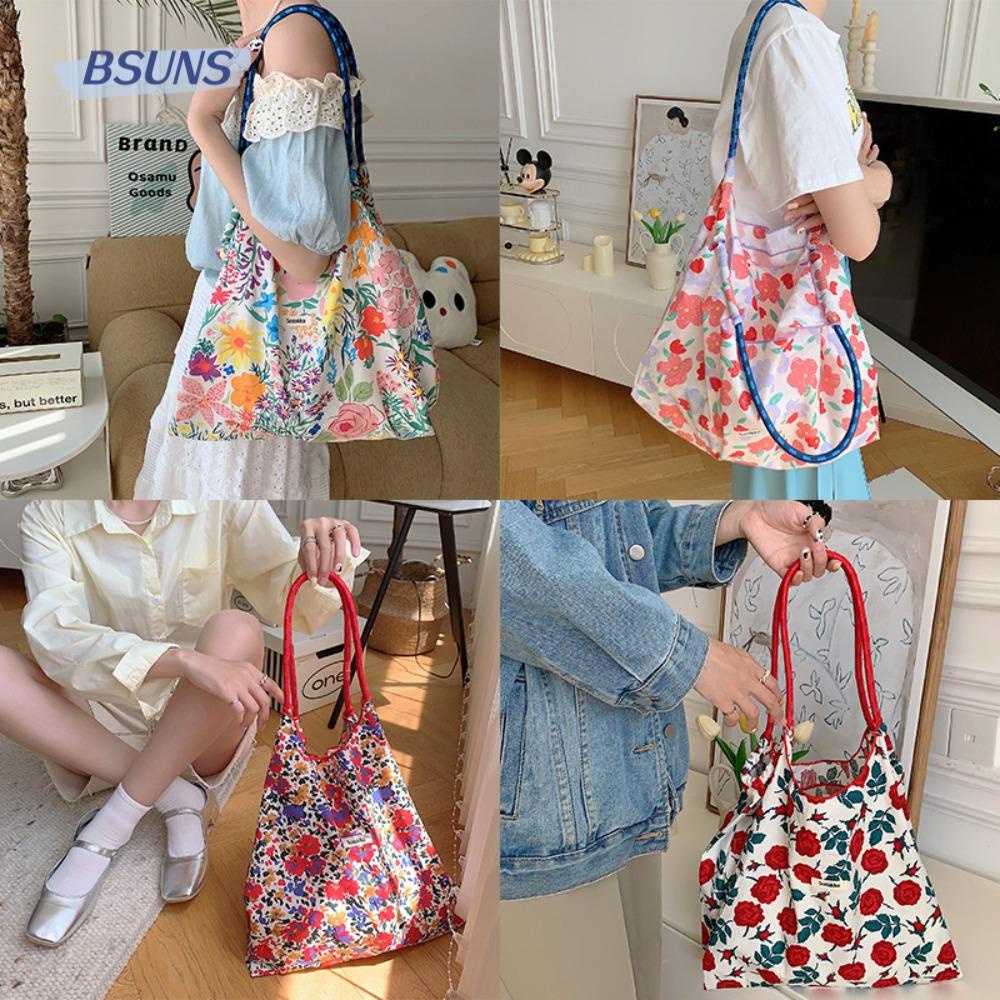 BSUNS Túi Xách Vải Cotton Canvas Cỡ Lớn In Họa Tiết Hoa Thời Trang Có Thể Tái Sử Dụng Cho Học Sinh