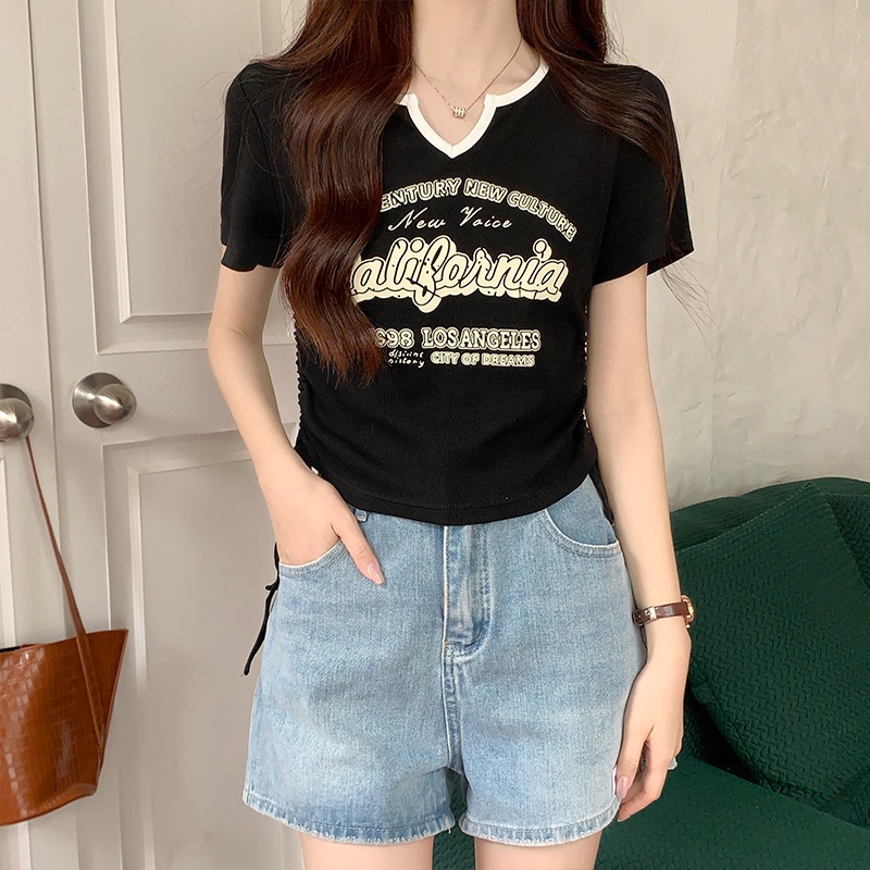 Áo Thun Tay Ngắn Cổ Chữ V In Họa Tiết monogram Tương Phản Thời Trang Hàn Quốc Cho Nữ