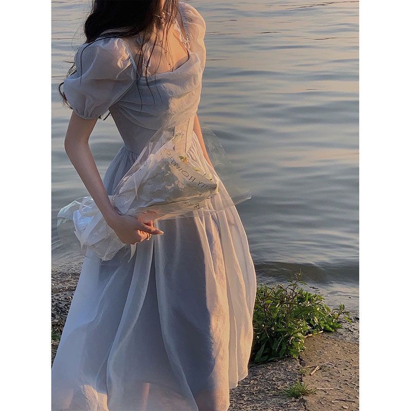 French first love blue dress elegant and gentle Disney on the run princess tea break milk sweet Super fairy summer