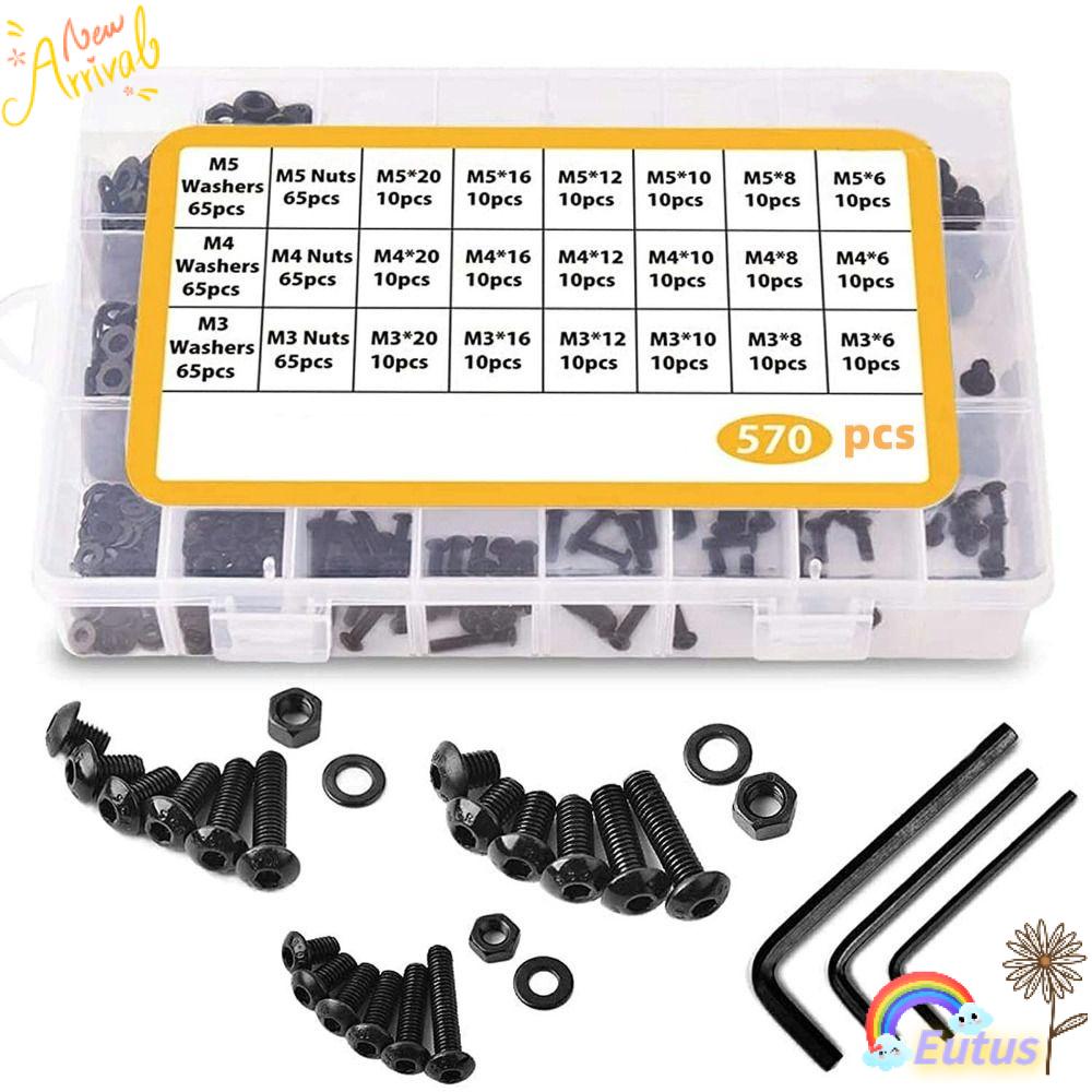 EUCA Bộ 570 Ốc Vít Ổ Cắm 10.9 Bằng Thép Carbon Màu Đen M3 M4 M5 Chuyên Dụng Cho Amateurs