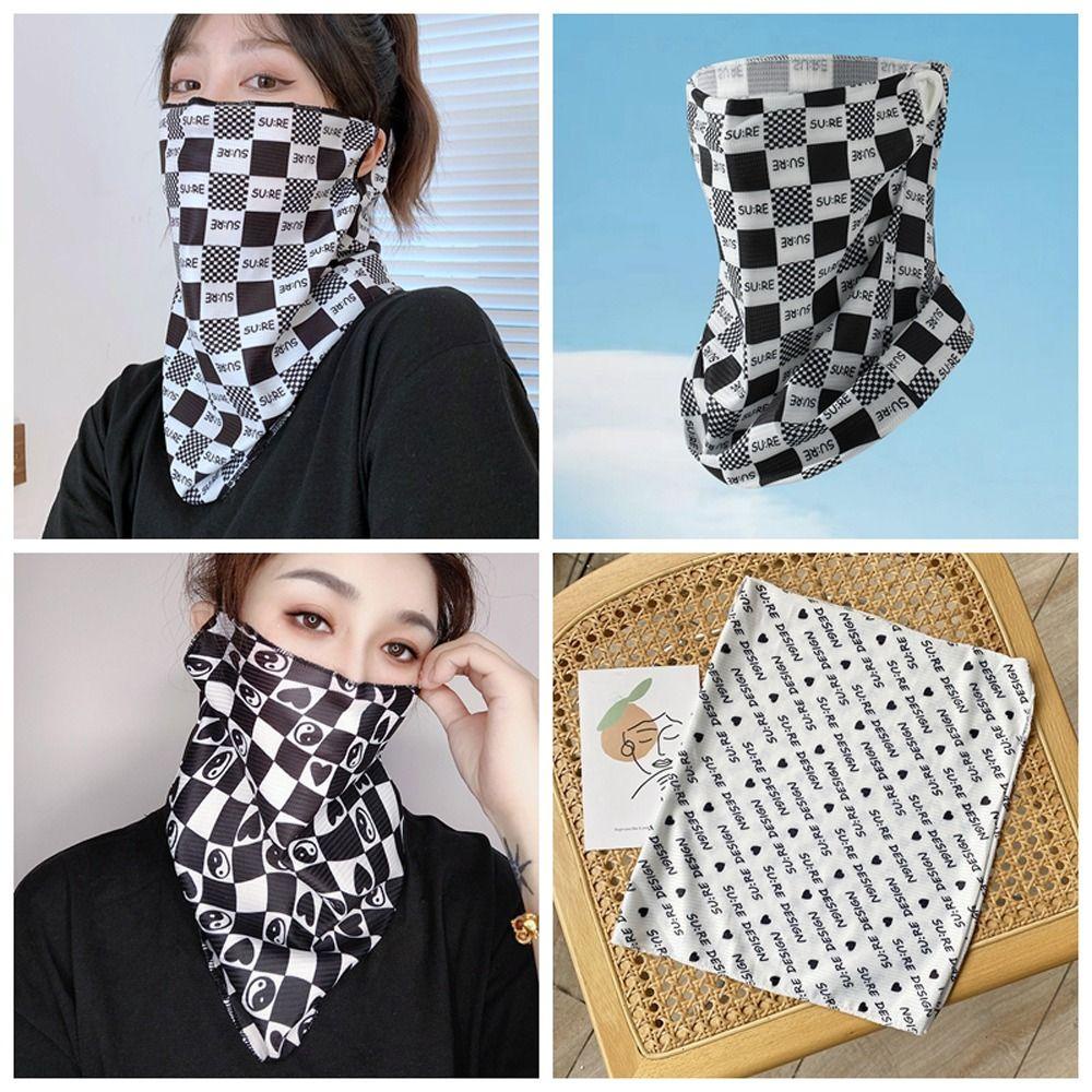 WMES15H Khăn Choàng Cổ Kiêm Khẩu Trang Bằng Lụa Lạnh Mỏng Họa Tiết Kẻ Sọc / Trái Tim Cá Tính Dùng