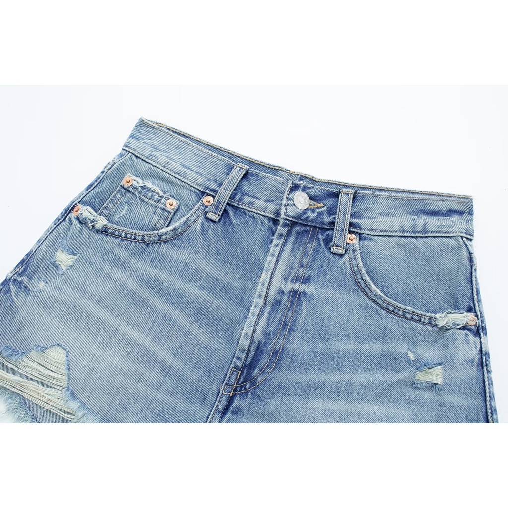 Quần Đùi denim Lưng Cao Viền Cong Thời Trang 8737