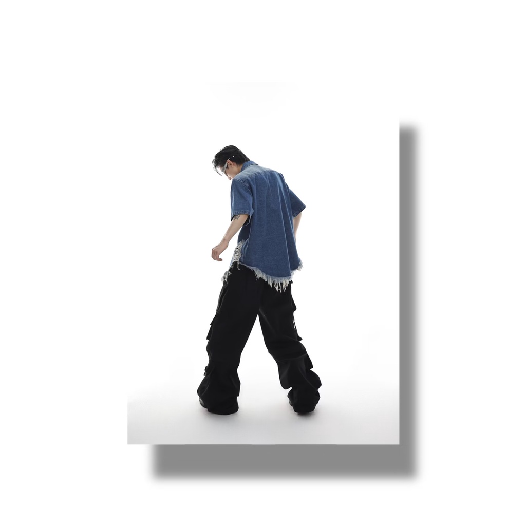 Áo Sơ Mi Denim Ngắn Tay Phối Tua Rua Thời Trang Cho Nam