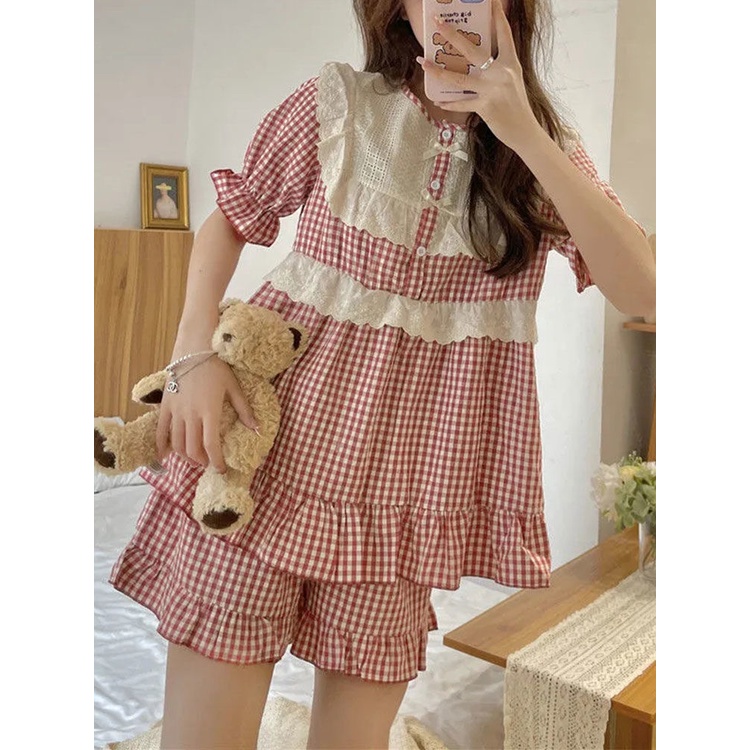 Bộ Đồ Ngủ Tay Ngắn Phối Ren Họa Tiết Caro Đỏ Ngọt Ngào Dễ Thương Thời Trang Mùa Hè Cho Nữ