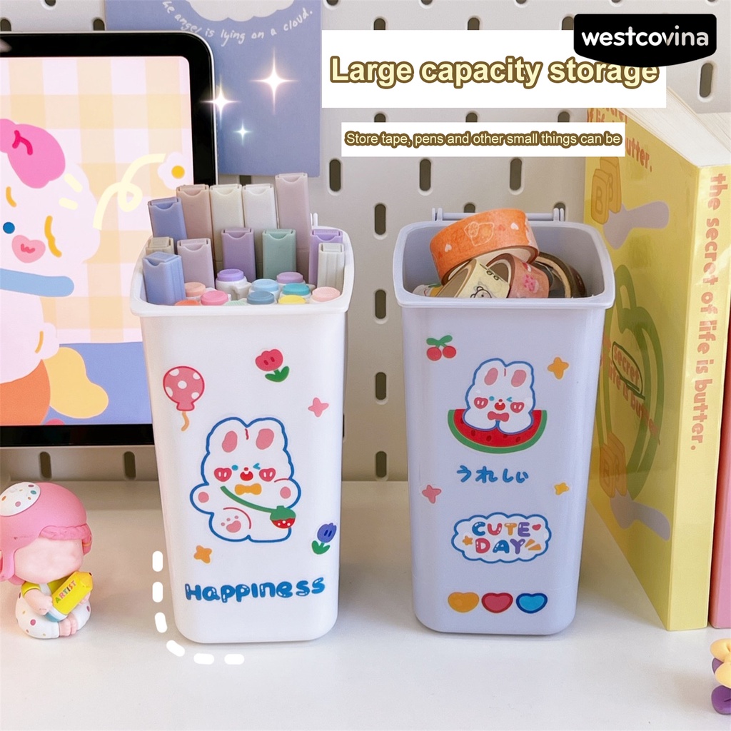 [WSTN] [WSTN]✎Thùng Rác Để Bàn Cỡ Lớn In Họa Tiết Hoạt Hình Có Nắp Đậy Tiện Dụng Ốp