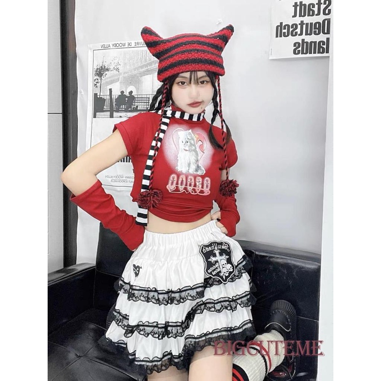 Áo Thun Lửng Tay Ngắn Cổ Cao In Hình Mèo Thời Trang Cho Nữ