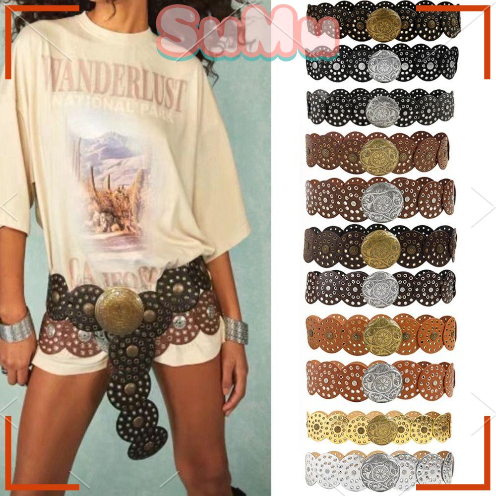 SUMU Thắt Lưng Da PU Phối Khóa Kim Loại Tròn Phong Cách Cao Bồi Cho Nữ