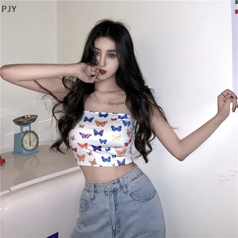 Áo Không Dây Dáng Ôm In Hình Bướm Thời Trang Mùa Hè Quyến Rũ Dành Cho Nữ PJ