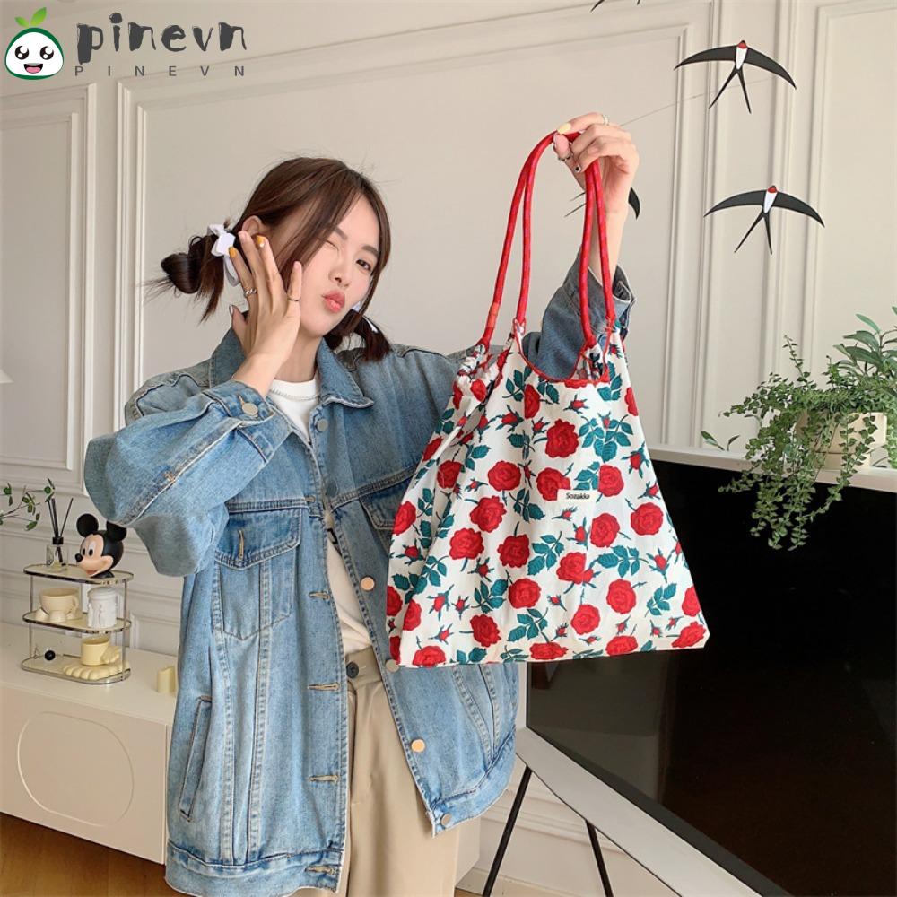 PINEVN Túi Đeo Vai Bằng Vải Canvas In Hoa Sức Chứa Lớn Có Thể Tái Sử Dụng Thời Trang Cho Học Sinh