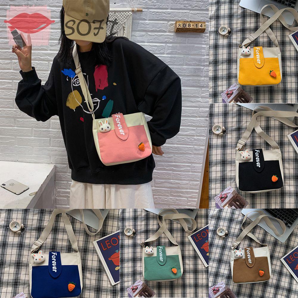 SOFTNESS Túi Xách Canvas Đính Búp Bê Dễ Thương Phong Cách Hàn Quốc