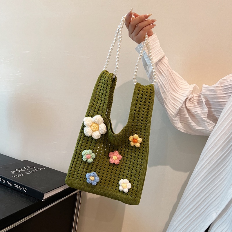 Túi Tote Đeo Vai Mùa Hè 2023 Bằng Vải Dệt Kim Phối Dây Xích Ngọc Trai Rỗng Xách Tay Cho Nữ