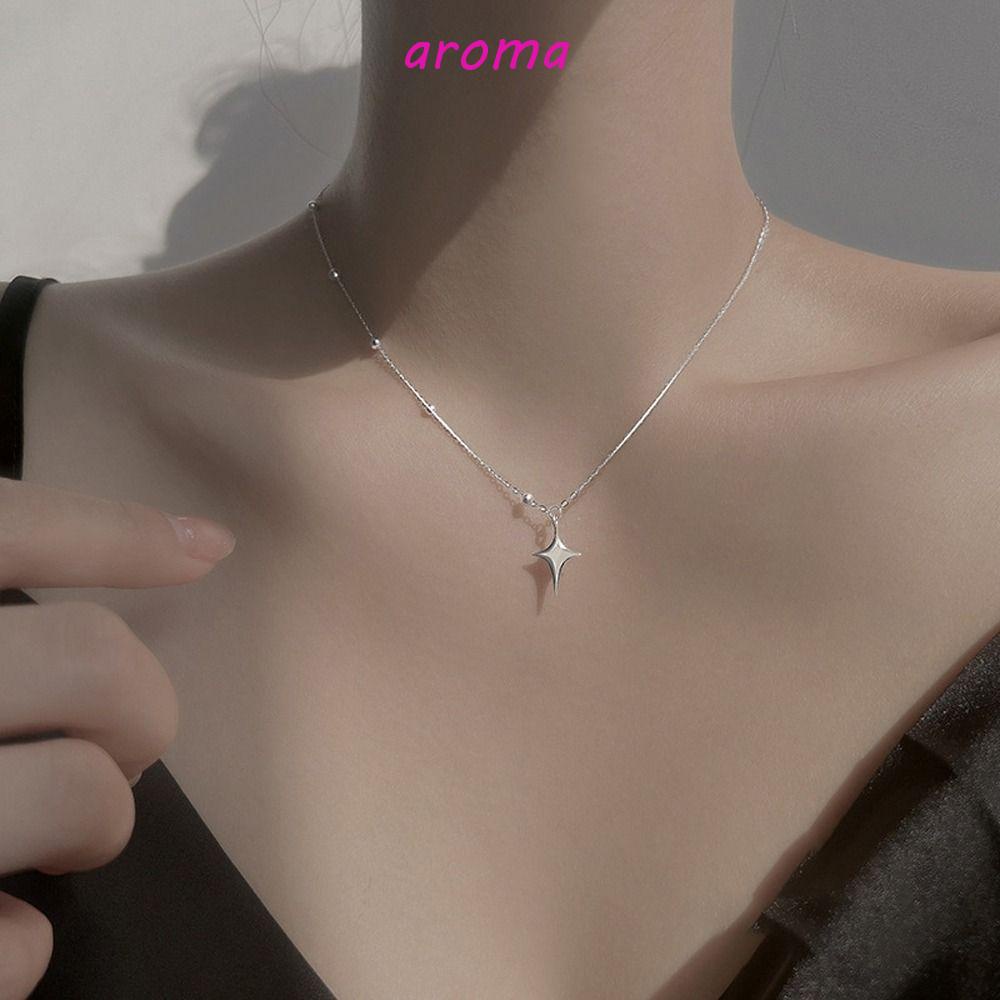 AROMA Vòng Cổ Choker Bằng Thép Titan Mặt Hình Ngôi Sao Bốn Cánh Đơn Giản Cho Nữ