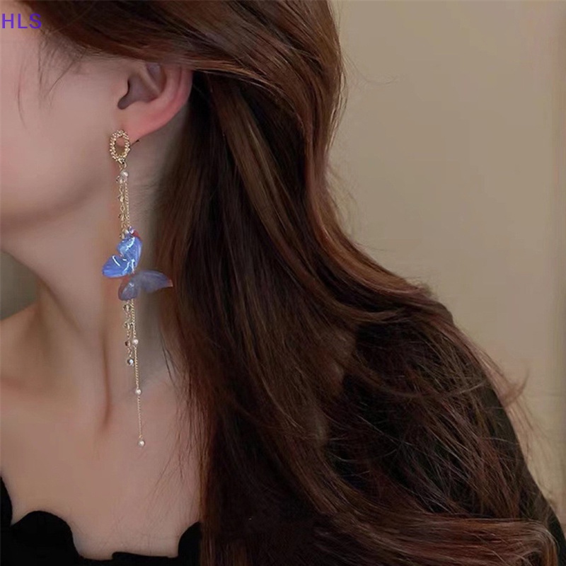 1 Đôi Bông Tai Dài Hình Bướm Và Ngọc Trai Màu Xanh Dương Lãng Mạn Dành Cho Nữ