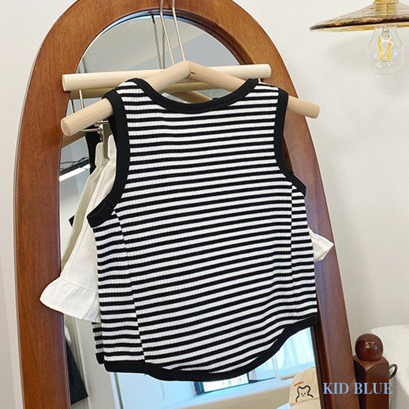 Áo Sát Nách Cổ Tròn Hoạ Tiết Kẻ Sọc Trắng Đen Phong Cách Hàn Quốc