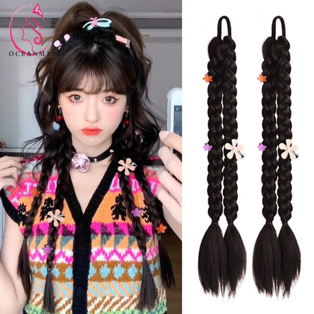 OCEANMAP Tóc Giả Kiểu Thắt Bím Bằng Cao Su Co Giãn Thời Trang Cho Nữ