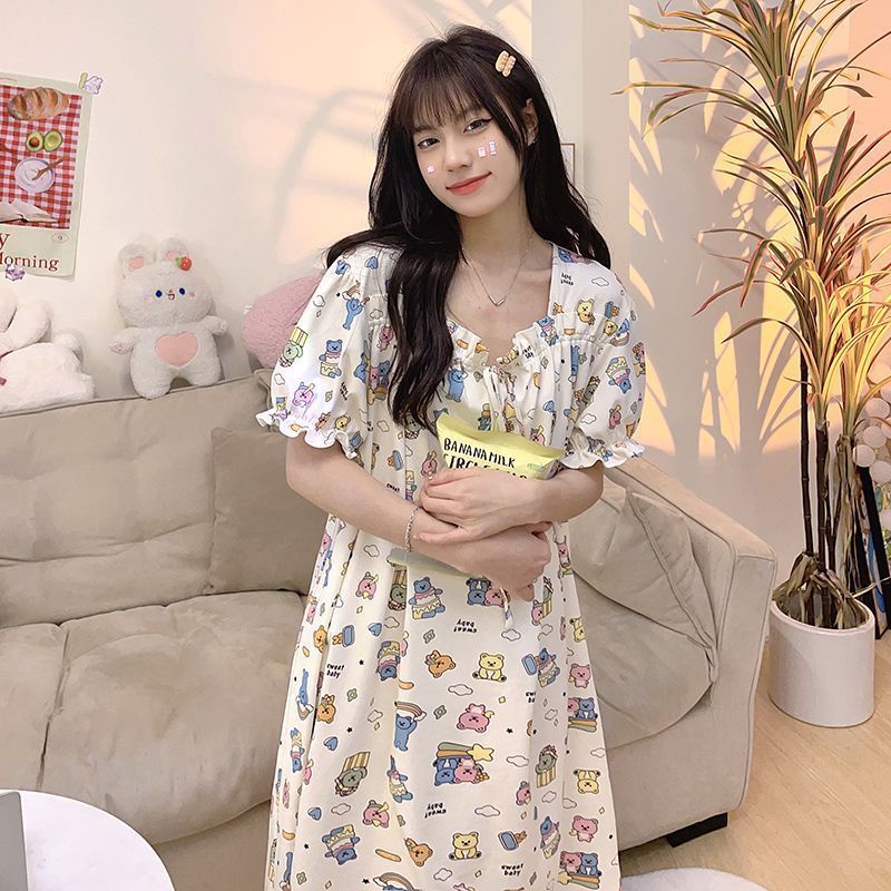 Đồ ngủ Mùa Hè Dài Qua Gối In Họa Tiết Hoạt Hình Dễ Thương Phong Cách Idle Ngọt Ngào Mới Cho Nữ