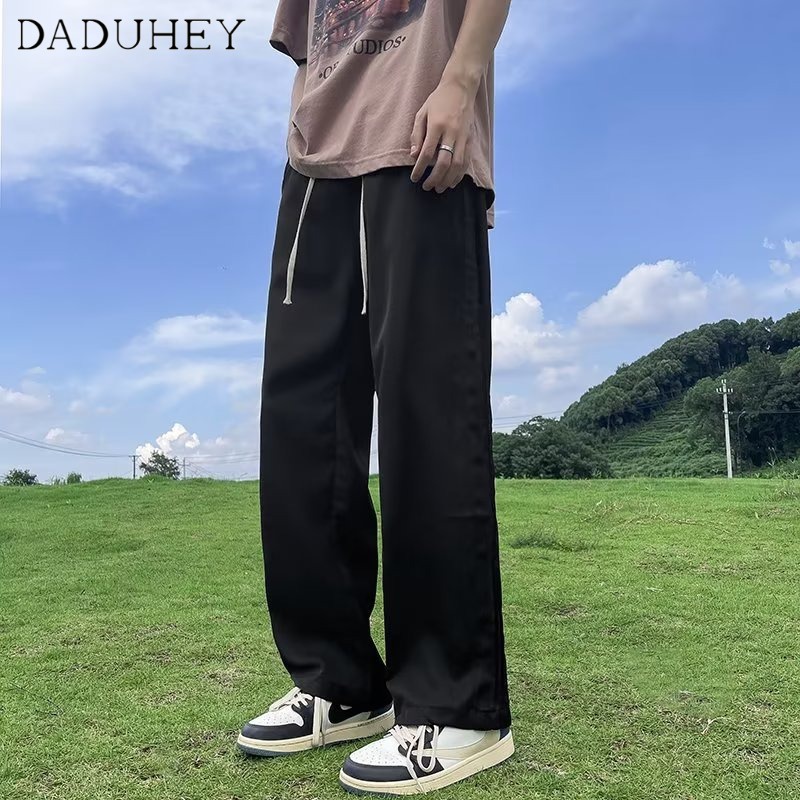 DaDuHey Men's Summer Thin Fashion Brand Fashion Loose Straight Casual Pants Side Pleated Ice Silk Pants