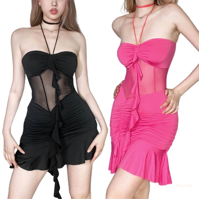 Đầm Mini Không Tay Phối Lưới Xuyên Thấu Thiết Kế Hở Lưng Quyến Rũ Cho Nữ