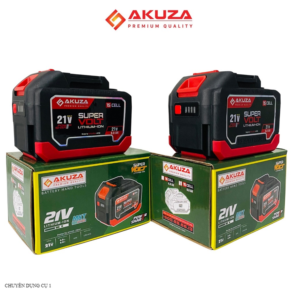 Pin Akuza 10cell và 15cell 21V có đèn báo pin/chân pin phổ thông dùng cho máy khoan/ Máy siết bulong CHUYÊN DỤNG CỤ