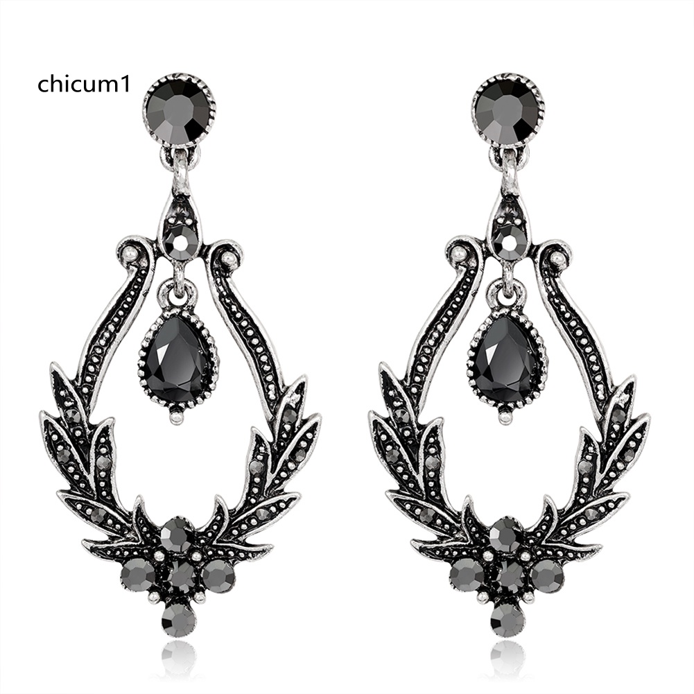 Khuyên Tai Hình Lá Đen Đính Đá Quý Nhân Tạo Phong Cách Cổ Điển Dành Cho Nữ