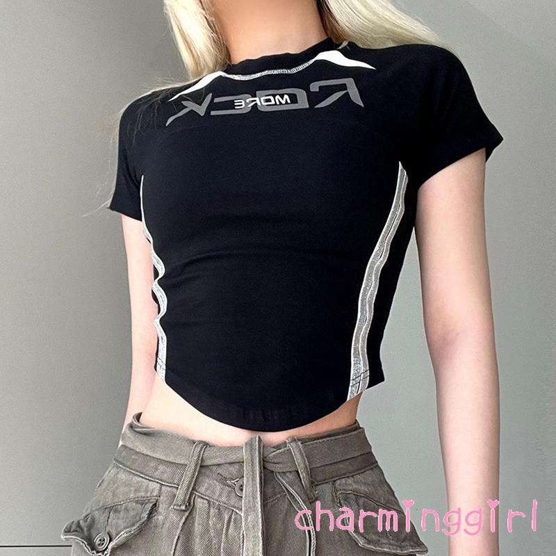 Áo Thun Mùa Hè Tay Cộc Cổ Tròn In Chữ Phản Quang Cho Nữ