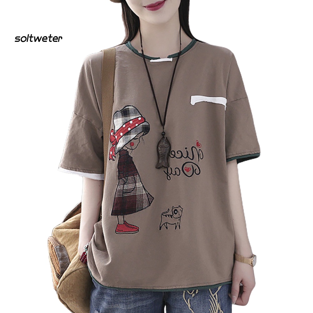 Áo Thun Cotton Cổ Tròn Tay Cộc Dáng Rộng In Họa Tiết Hoạt Hình Mèo Cho Nữ