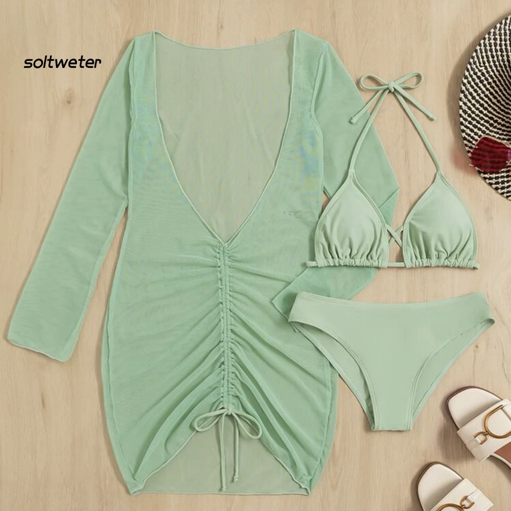 Bộ Đồ Bơi Bikini 3 Món Màu Trơn Hở Lưng Có Mút Đệm Quyến Rũ