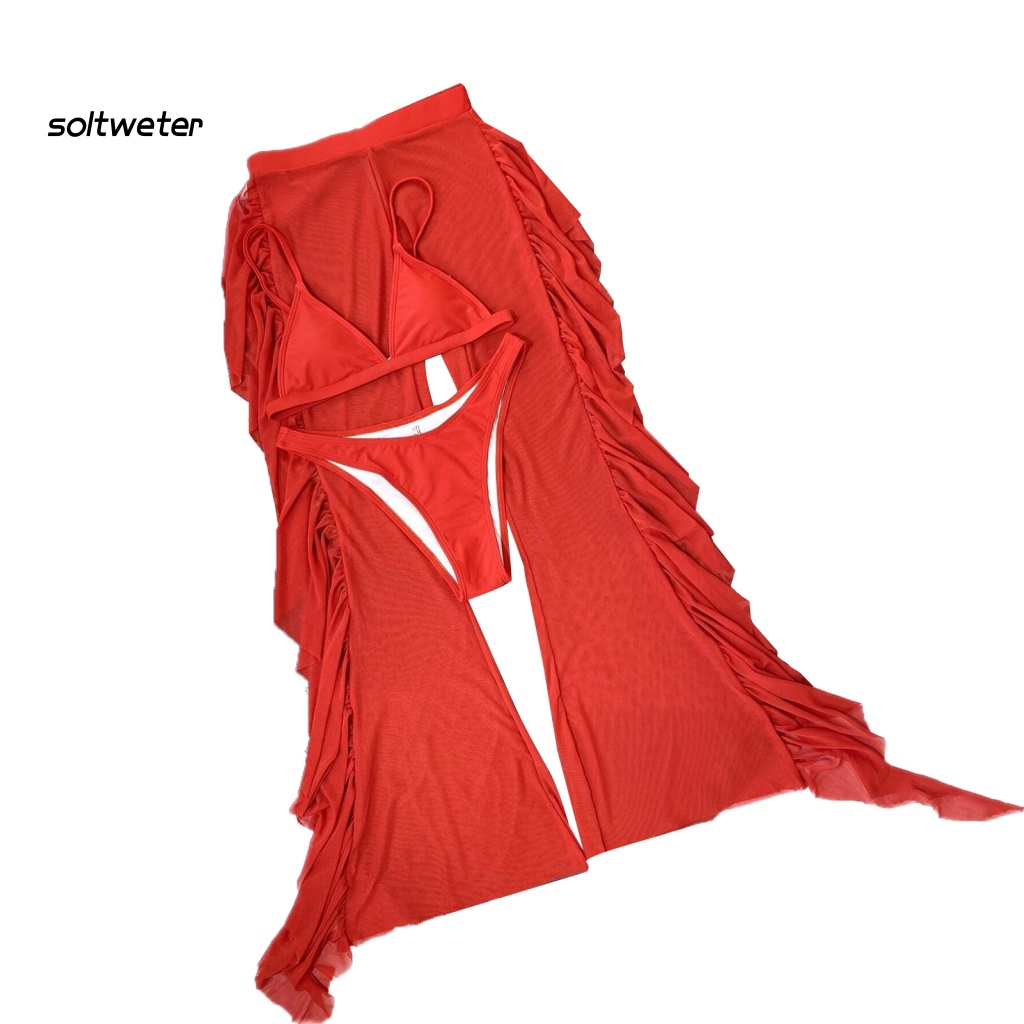 Bộ Đồ Bơi 3 Mảnh Gồm Áo Cổ Chữ V + Quần Dài + Áo Ngực Dạng Lưới Có Mút Đệm Dành Cho Nữ