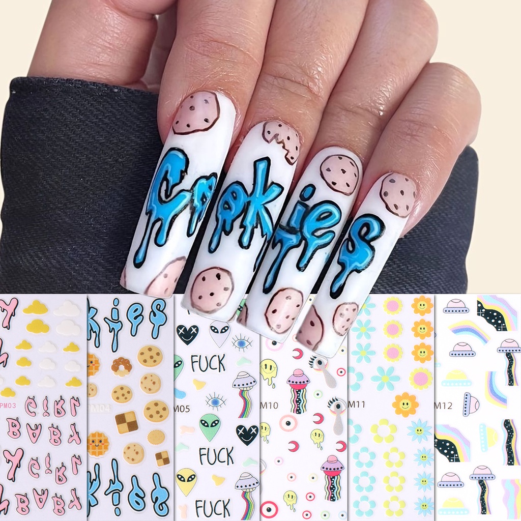 Miếng Dán Trang Trí Móng Tay Nghệ Thuật Họa Tiết Chữ Tiếng Anh / Bánh Quy / Đĩa Bay / Nấm Dopamine Màu Sắc