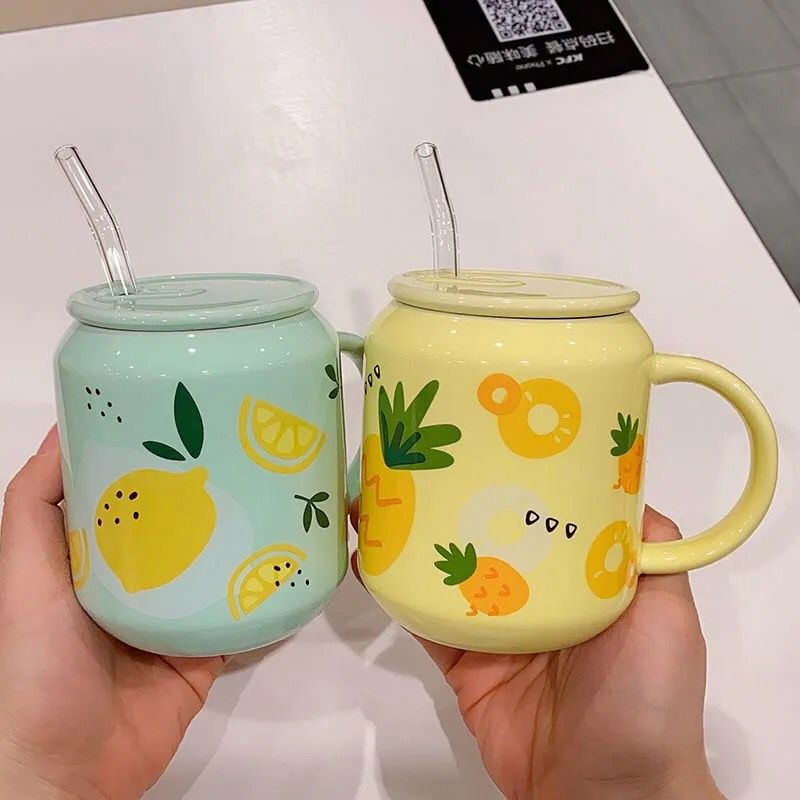 Cốc Sứ Có Ống Hút Phong Cách Trái Cây Dễ Thương 400ML - Bình Nước Cho Bé Hàn Quốc Cute