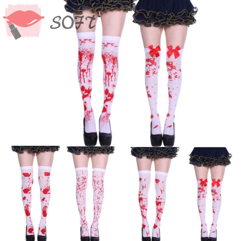 SOFTNESS 1 Đôi Tất Cotton Cao Qua Gối Siêu Mỏng Màu Máu Phong Cách Halloween Thời Trang Cho Nữ
