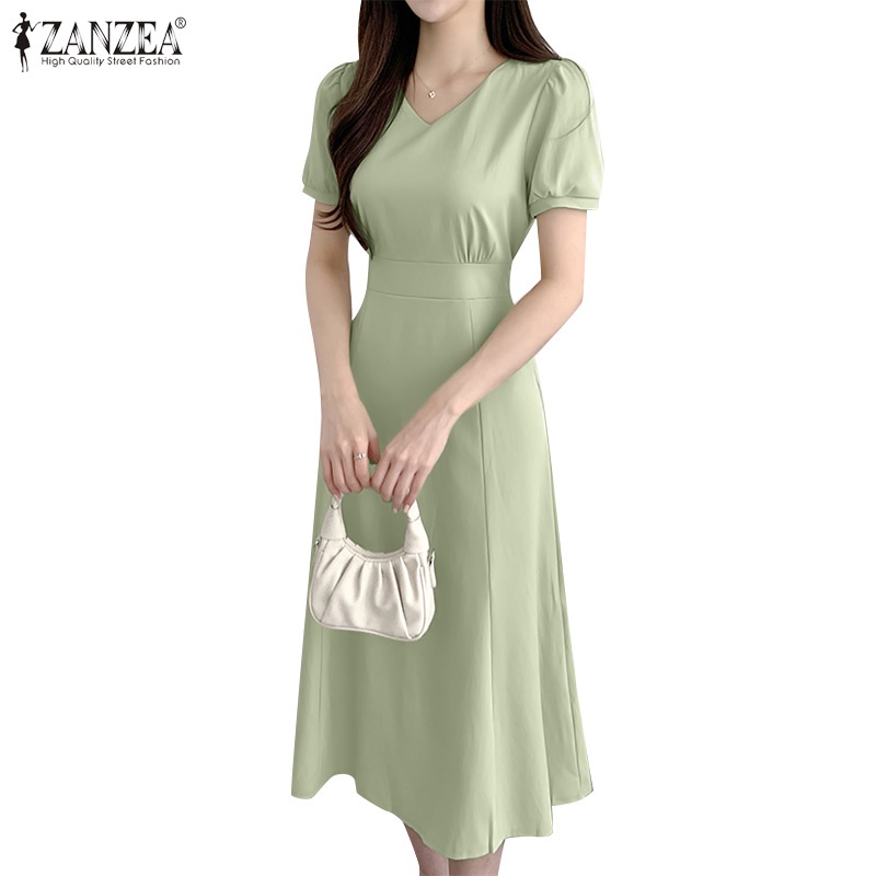 Zanzea Đầm Tay Ngắn Phồng Cổ Chữ V Màu Trơn Phong Cách Hàn Quốc Dành Cho Nữ