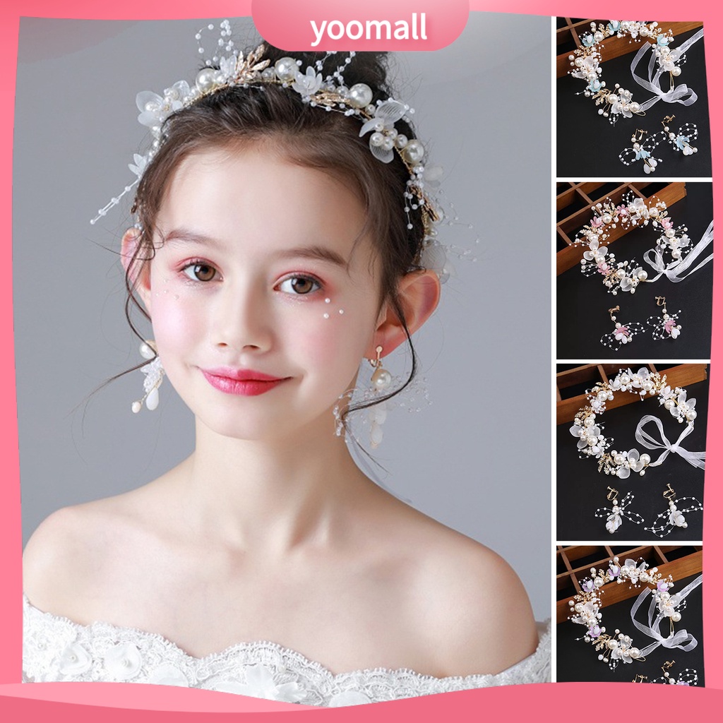 Băng Đô Cài Tóc Hình Vương Miện Công Chúa Đính Hoa Lá Co Giãn Chống Trượt Dễ Điều Chỉnh Cho Bé Gái