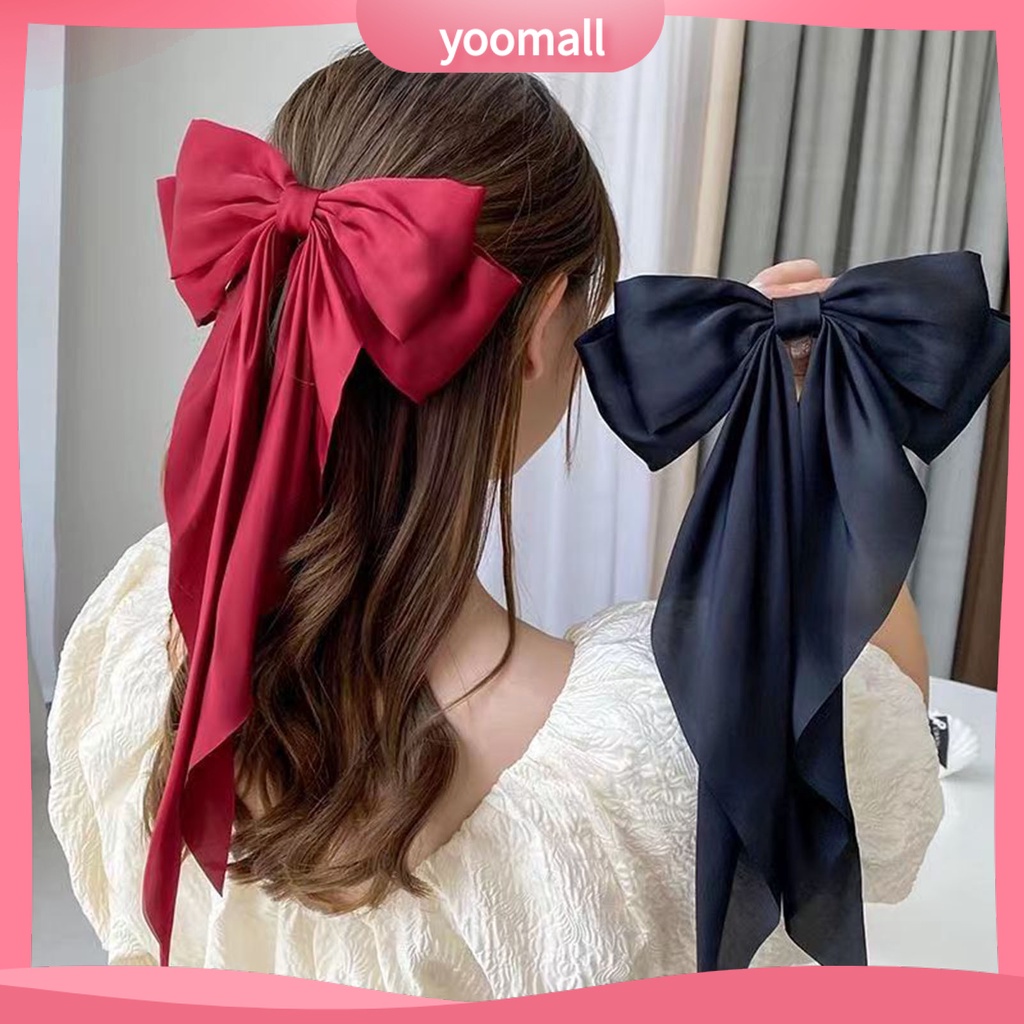 Kẹp Tóc Đuôi Ngựa Bằng Satin Hai Lớp Thắt Nơ Lớn Màu Trơn Thanh Lịch Cổ Điển Dành Cho Bạn Nữ