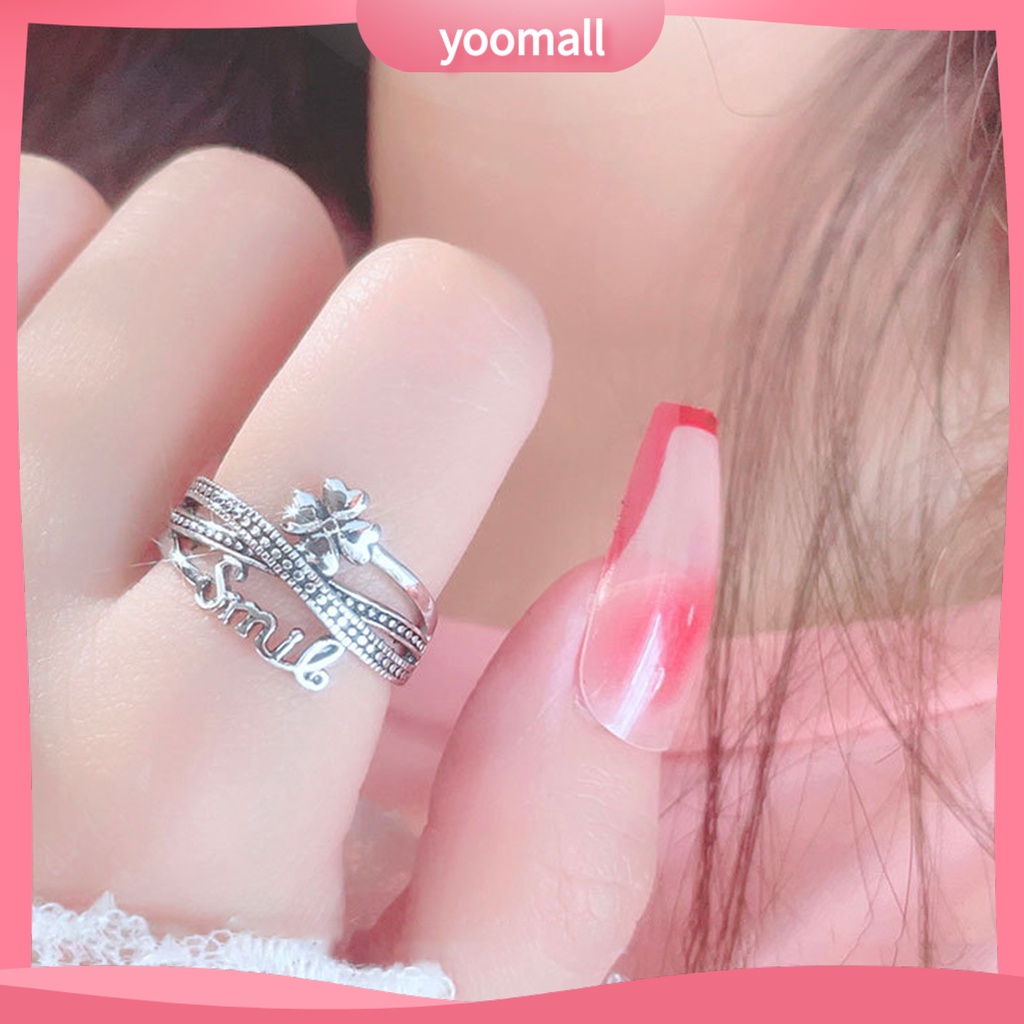 [YM] Nhẫn Hở Nhiều Lớp Thiết Kế Hình Học Thoải Mái Để Trang Trí Hình Cỏ 4 Lá Phong Cách Hàn Quốc Thời Trang