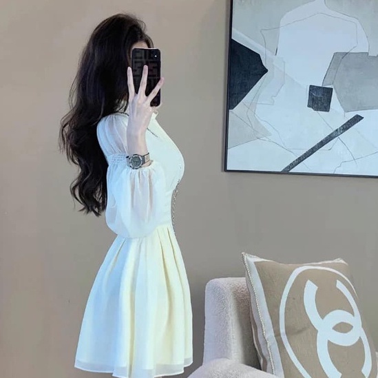 Váy trắng tơ 2 lớp tay dài dáng ngắn bo eo zeni  size S M L XL- Design by KAMI