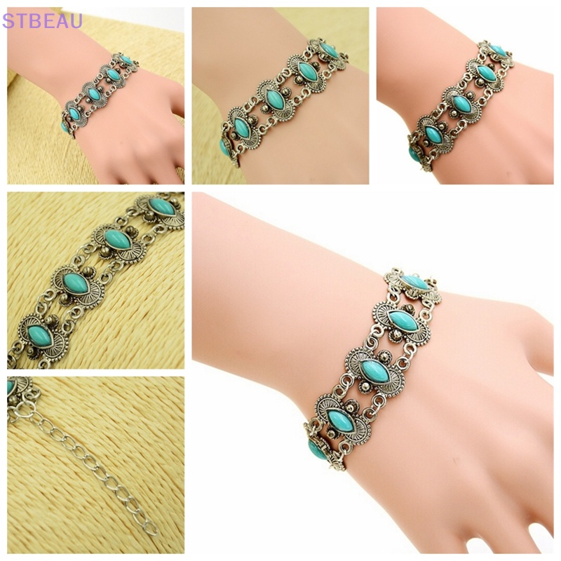 [Cxsteau] Vòng Tay Bạc Đính Đá Ngọc Lam Phong Cách Bohemian Gợi Cảm Thời Trang Cho Nữ MME