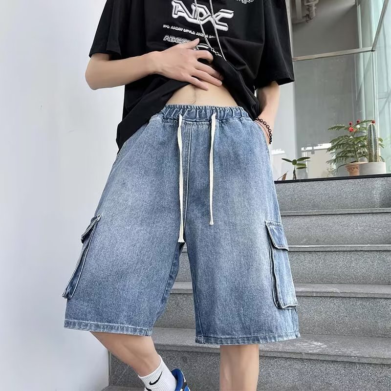 Quần Short Denim Ống Rộng Phối Nhiều Túi Phong Cách Hong Kong Thời Trang Mùa Hè Cho Nam