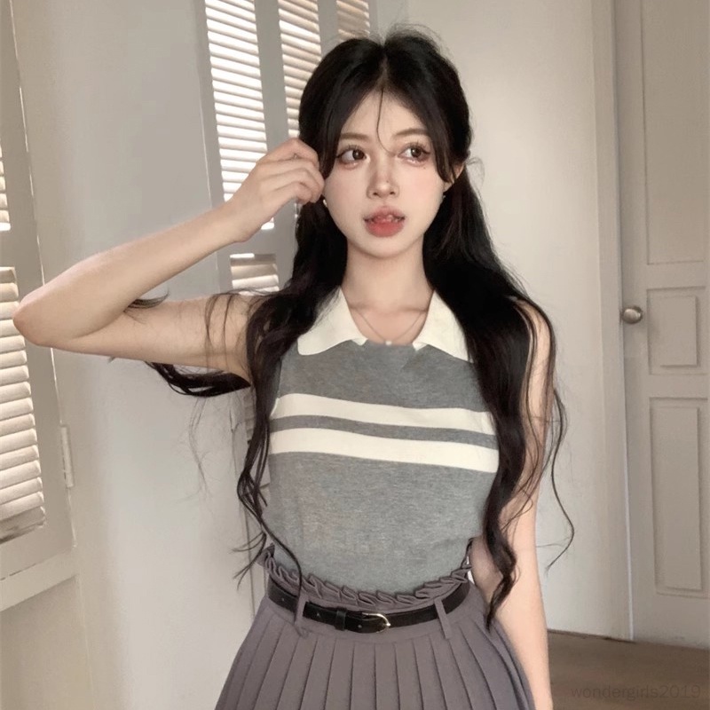 Áo Croptop Dệt Kim Sát Nách Cổ Bẻ Thời Trang Mùa Hè Hàn Quốc Cho Nữ