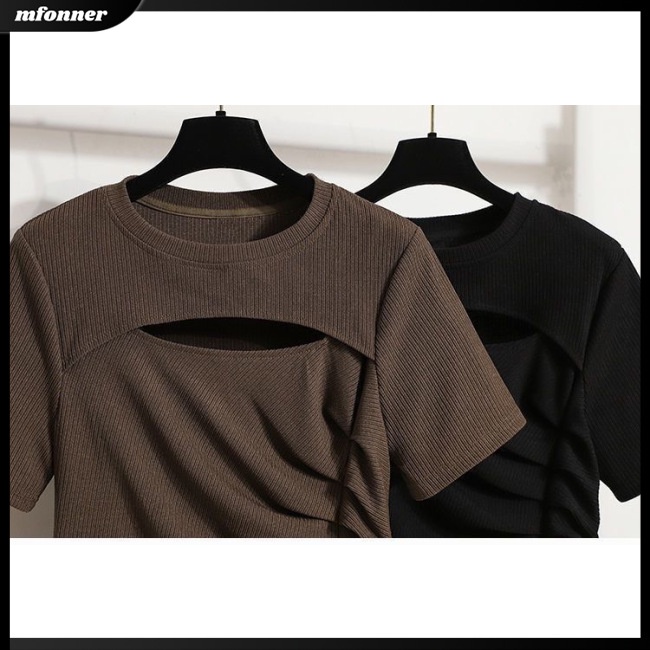 Đầm Thun Tay Ngắn Cổ Tròn Màu Trơn Thiết Kế Khoét Lỗ Thời Trang Dự Tiệc Cho Nữ