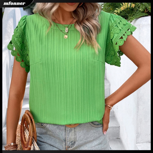 Áo Thun Nữ Tay Ngắn Cổ Tròn Phối Ren Màu Sắc Ngọt Ngào