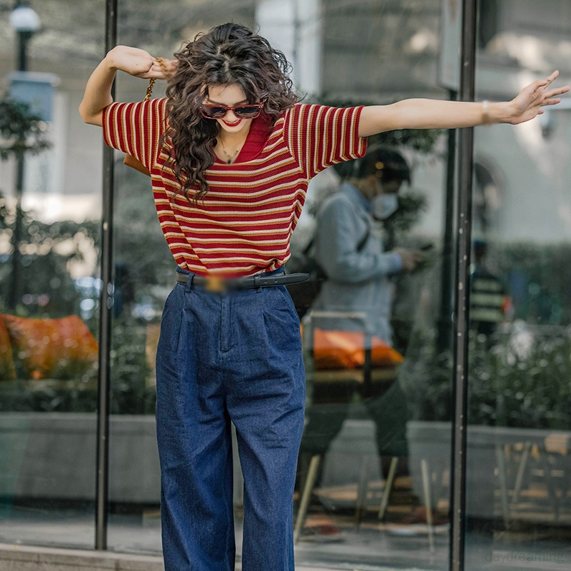 Áo Thun Dệt Kim Cổ Bẻ Họa Tiết Kẻ Sọc Thời Trang Mùa Hè Cho Nữ