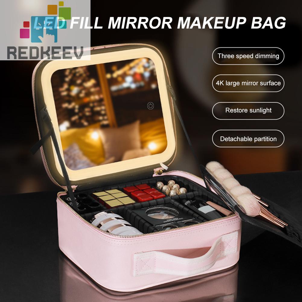 Hộp Đựng Mỹ Phẩm Bằng Da PU Có Khóa Kéo Kèm Gương Và Đèn LED Dành Cho Nữ